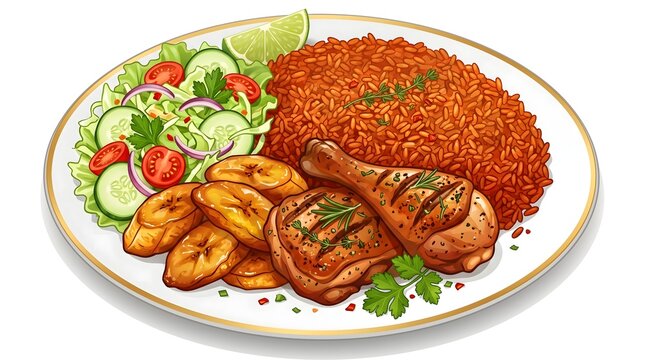 Nigerian jollof rice meal served with fried chicken, spicy sambal, vegetables, and crispy side dishes, showcasing traditional Southeast Asian cuisine.