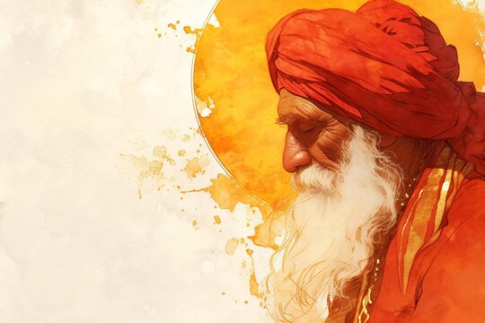 Man guru with long white beard and orange turban meditating. Spiritual teacher in deep prayer. Watercolor illustration representing Guru Purnima, inner peace and Indian culture.