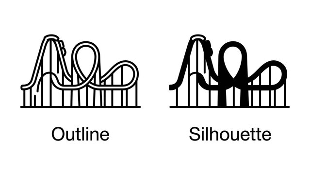 Roller Coaster Design Elements: A comparison of a roller coaster's outline and silhouette, showcasing its thrilling loops and tracks, presented as graphic design elements.