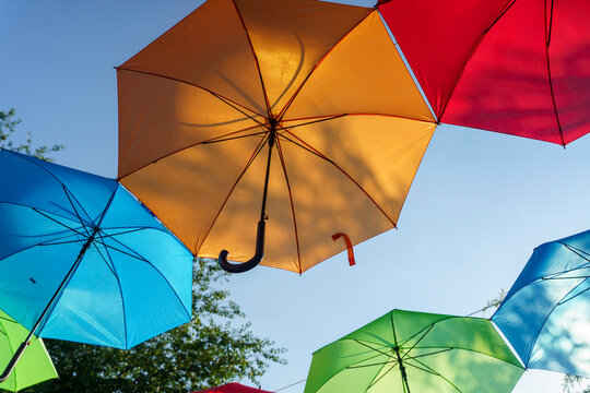 Vibrant display of colorful hanging umbrellas