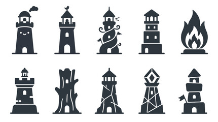 Naklejka premium Collection of black lighthouse and fantasy tower silhouette icons.
