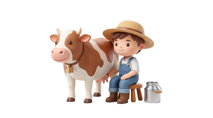 Fototapeta premium Chibi style farmer boy milking a brown cow, cute 3D miniature farm character, dairy production concept on white background