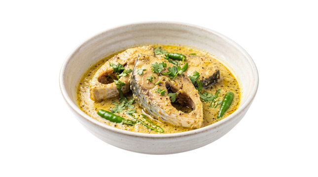 Traditional bengali fish curry known as shorshe ilish, prepared with hilsa fish in a rich mustard sauce, garnished with fresh cilantro and green chilies, isolated on transparent background