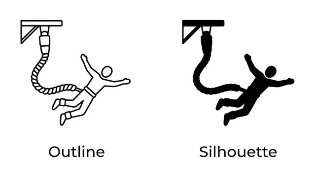 Bungee Jumping Icons: Two stylized icons depict a person bungee jumping, one as an outline and the other as a solid silhouette, illustrating the thrill and action of the extreme sport.
