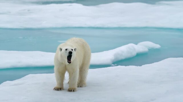 Close-up of an adult polar bear, angry and growling, on top of an iceberg. Animal symbol of climate change.