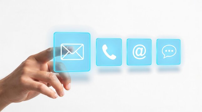 A hand touching a digital interface screen to select contact icons for business communication and customer support service connection options