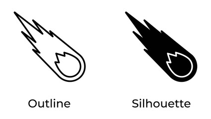 Meteorite Outline and Silhouette: Two distinct representations of a meteorite, one as a clean outline and the other as a solid silhouette, depict a fiery celestial object streaking through space. © Abu