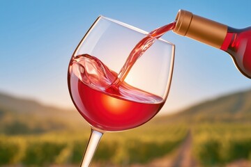 Obraz premium Red wine being poured into glass with graceful splash against vineyard backdrop