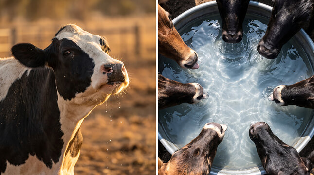 climate impact on agriculture. Black and white dairy cow with water droplets on its mouth in a sunlit pasture, surrounded by a group of cows drinking from a metal trough