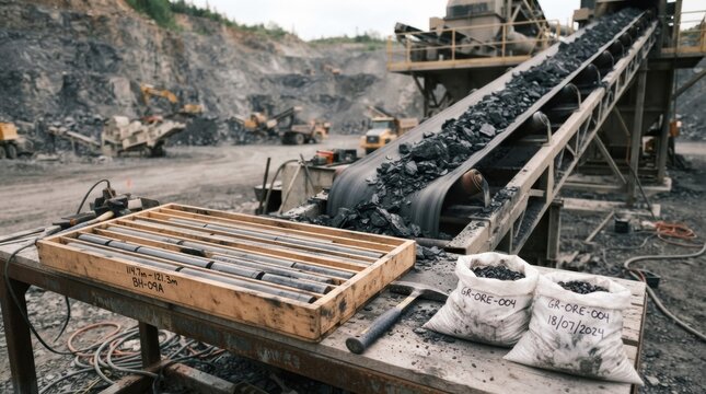 Graphite mining concept with drill core boxes, rock hammer, sample bags, black ore, and conveyor at quarry