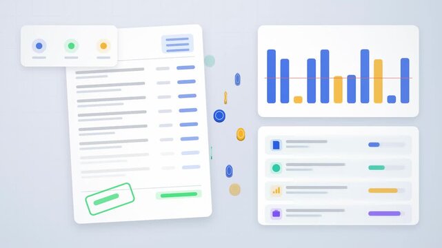 Abstract animated invoices processed through accounting drawn as blue and cyan lines and dots on a bright, clean light background. Seamless looping 4K motion graphics video with free space for text, i