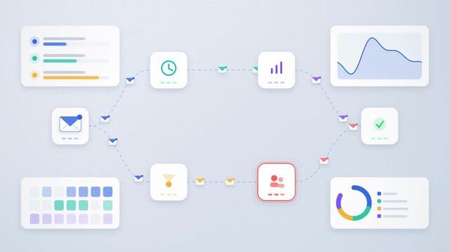 Abstract animated automated emails sent along a campaign flow drawn as blue and cyan lines and dots on a bright, clean light background. Seamless looping 4K motion graphics video with free space for t