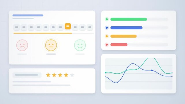 Abstract animated customers rating their experience in a survey drawn as green and cyan lines and dots on a bright, clean light background. Seamless looping 4K motion graphics video with free space fo