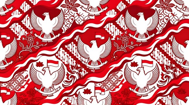 Intricate red and white ornamental patterns create a festive patriotic background inspired by Indonesian independence celebrations and traditional decorative aesthetics.