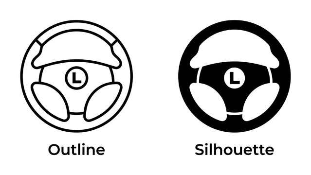 Steering Wheel Icon: Outline and Silhouette versions of a steering wheel with a L symbol, representing a learner driver or novice.