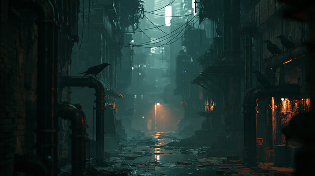 Dark Cinematic Cyberpunk Alleyway with Crows on Pipes at Night