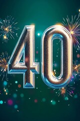Obraz premium Bright Silver Metallic Number 40 with Sparkling Firework Explosions on Emerald Green Background.