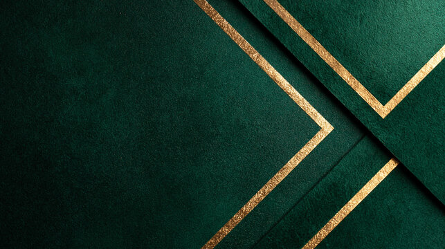Luxury geometric background with deep emerald green paper layers and shiny gold glitter lines