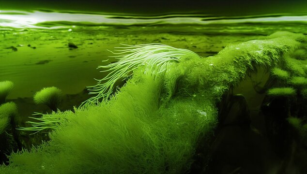 Bright green algal bloom and filamentous alga coat the water surface, showing species overgrowth, ecosystem imbalance, and polluted freshwater.
