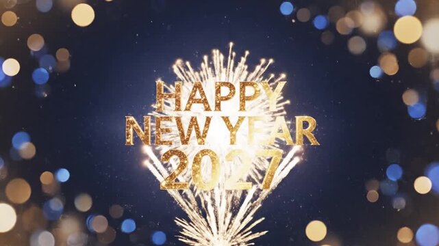 Happy New Year 2027 gold text with bright fireworks