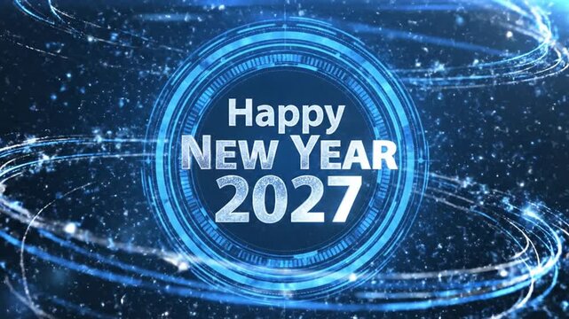 Happy New Year 2027 glowing blue digital firework burst