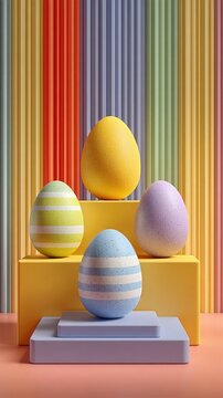 Brightly colored easter eggs on a platform with a rainbow background vertical background copy space