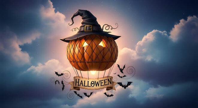 A spooky halloween scene featuring a witch's hat resting upon a glowing jack o'
