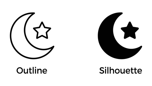 Crescent Moon and Star Icon Set: A minimalist set featuring a crescent moon paired with a star, presented in both outline and silhouette styles.