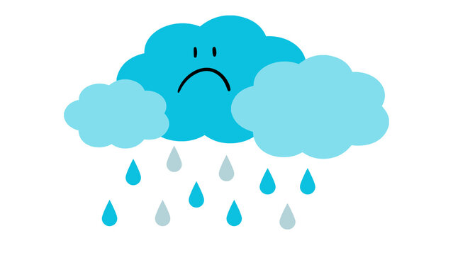 Sad cartoon rain cloud character crying with raindrops vector illustration