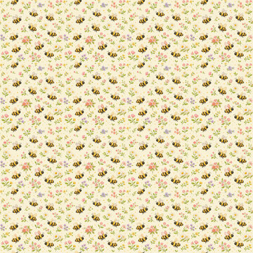 Friendly Little Bees and Flowers Seamless Spring Pattern