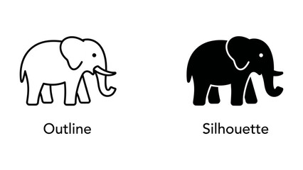 Fototapeta premium Elephant Outline and Silhouette: Two simple vector illustrations of an elephant, one an outline and the other a solid silhouette, representing a digital icon for a brand or animal theme.