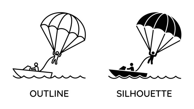 Parasailing Comparison: This graphic illustrates two distinct styles, outline and silhouette, depicting a person parasailing behind a boat on the water.