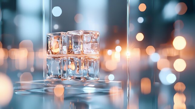 Whiskey glass with ice cubes on reflective surface against blurred