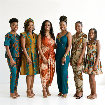 African Women and Girls in Modern African Fashion on White Background