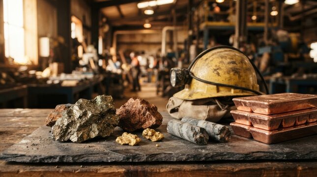 Copper and gold supply with chalcopyrite ore, copper ingots, gold nuggets, drill cores, and miner helmet on dark slate