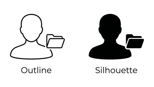 User Profile Icons: Distinctive outline and silhouette icons represent user profiles, each accompanied by a folder symbol, symbolizing data, organization, and personal information management.