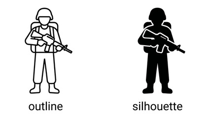 Fototapeta premium Soldier Outline and Silhouette: A comparison of a soldier illustration in outline and silhouette form, representing military personnel and their iconic gear.