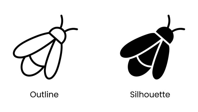 Firefly Icon Set: Two stylized representations of a firefly, one as a clean outline and the other as a solid silhouette, perfect for digital interfaces and creative projects.