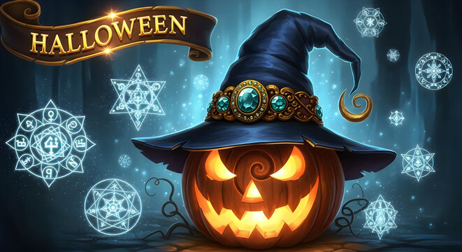 A spooky and magical halloween night with a witch's hat and jack o' lantern