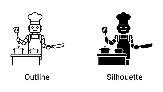 Robot Chef Icon: A clean and modern icon set featuring a robot chef in two styles: outline and silhouette, ready to cook.