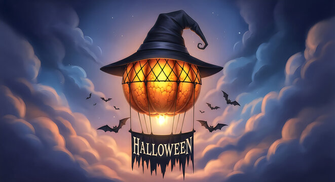 A spooky and magical halloween night with a glowing jack o' lantern and a