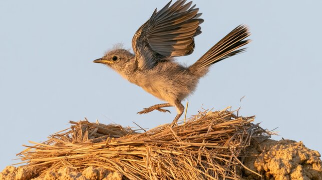 fledgling. A young bird with fledgling feathers taking its first flight into a clear blue sky. wildlife magazines, conservation campaigns, designed for nature documentaries and education.