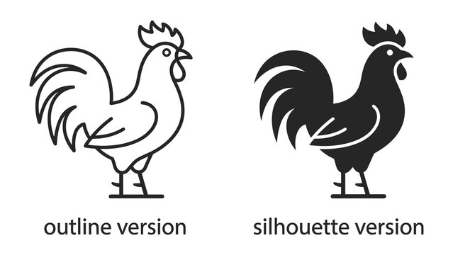 Rooster Icon Set: A clear and versatile set of rooster icons, presented in both outline and silhouette styles, perfect for graphic design and branding projects.