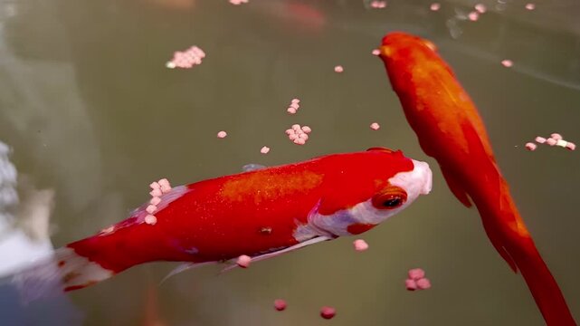 Red and White Kohaku Koi Fish Swimming with Orange Koi Eating Pellets