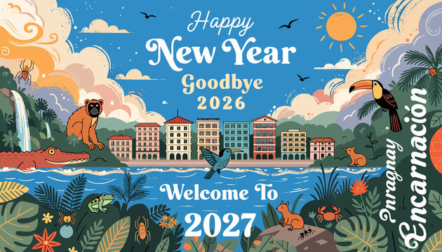 Happy New Year 2027 Goodbye 2026 Greeting Card with Tropical Animals and Cityscape - Cartoon Style
