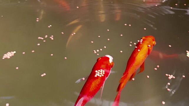Two Colorful Koi Fish Swimming in Pond Eating Fish Food Pellets