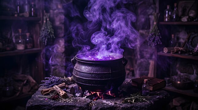 A mystical cauldron bubbles with a vibrant purple potion hinting at magical spells and halloween night enchantments