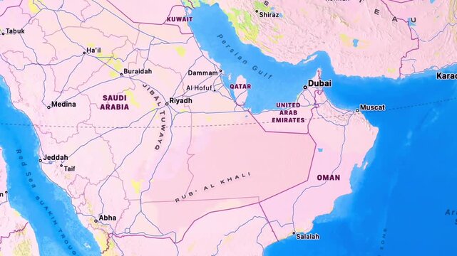 Detailed Map of Middle East Showing Persian Gulf, Gulf of Oman, Red Sea, Iran and Saudi Arabia with Regional Borders and Geography