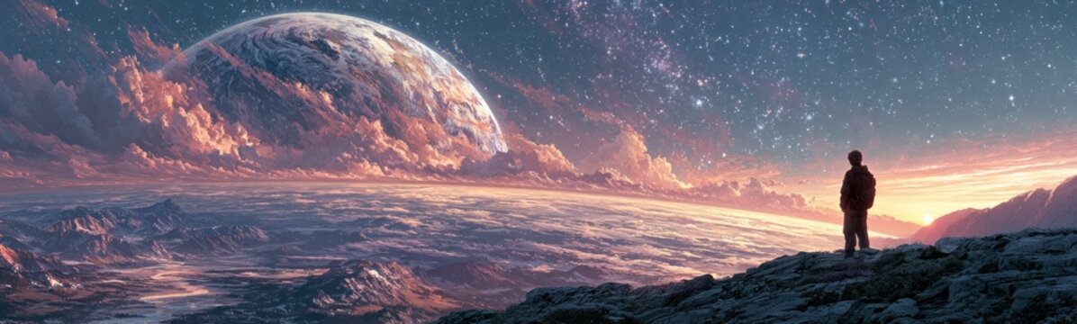 Man standing on a mountain looking at a planet