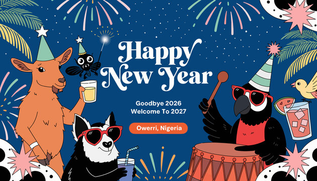 Happy New Year 2027 Celebration with Animals, Fireworks, and Party Vibes in Owerri, Nigeria